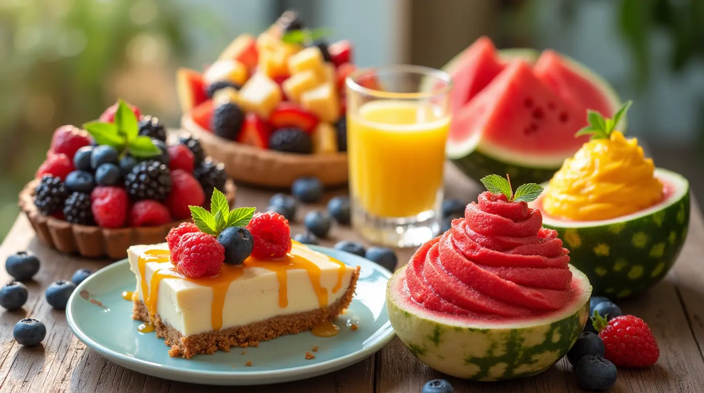 A beautifully arranged display of gluten-free and dairy-free desserts, including cakes, cookies, and parfaits on a rustic table.