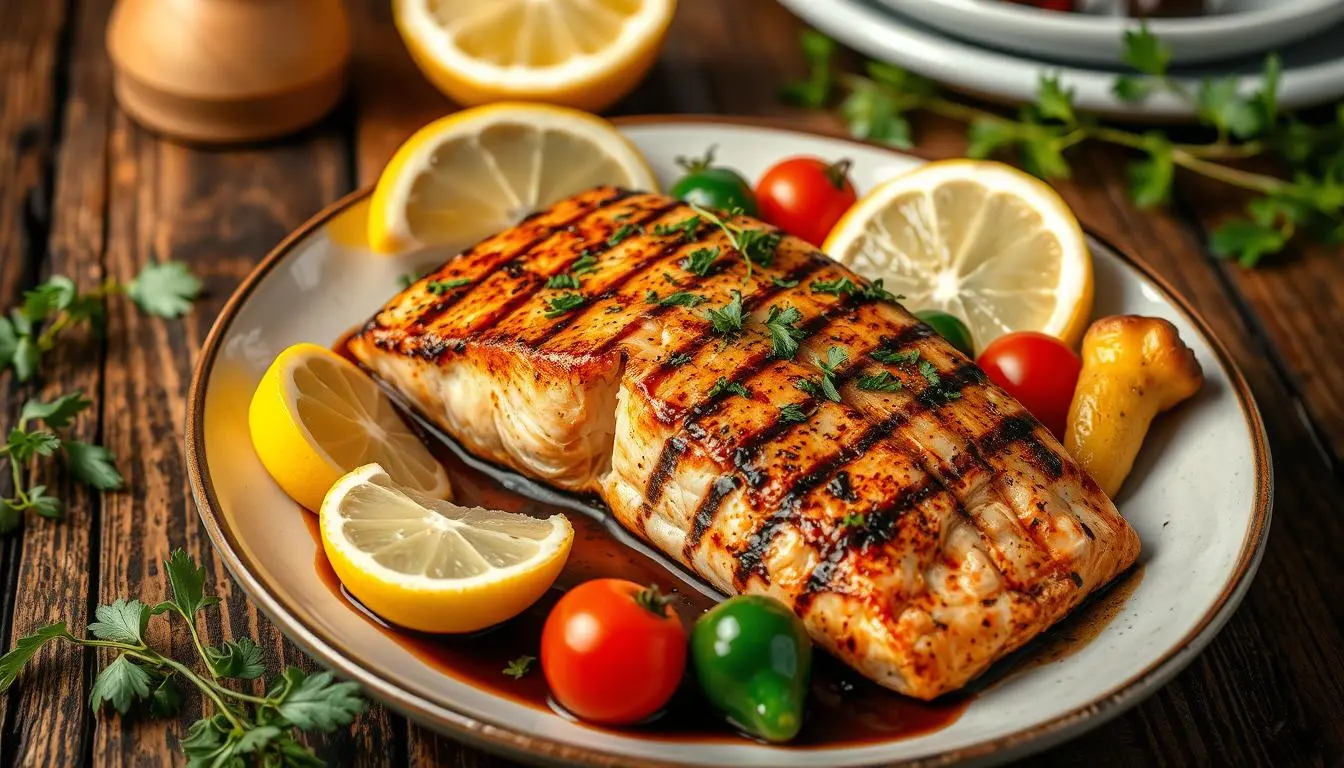 Grilled salmon garnished with fresh herbs and lemon slices served on a wooden platter.