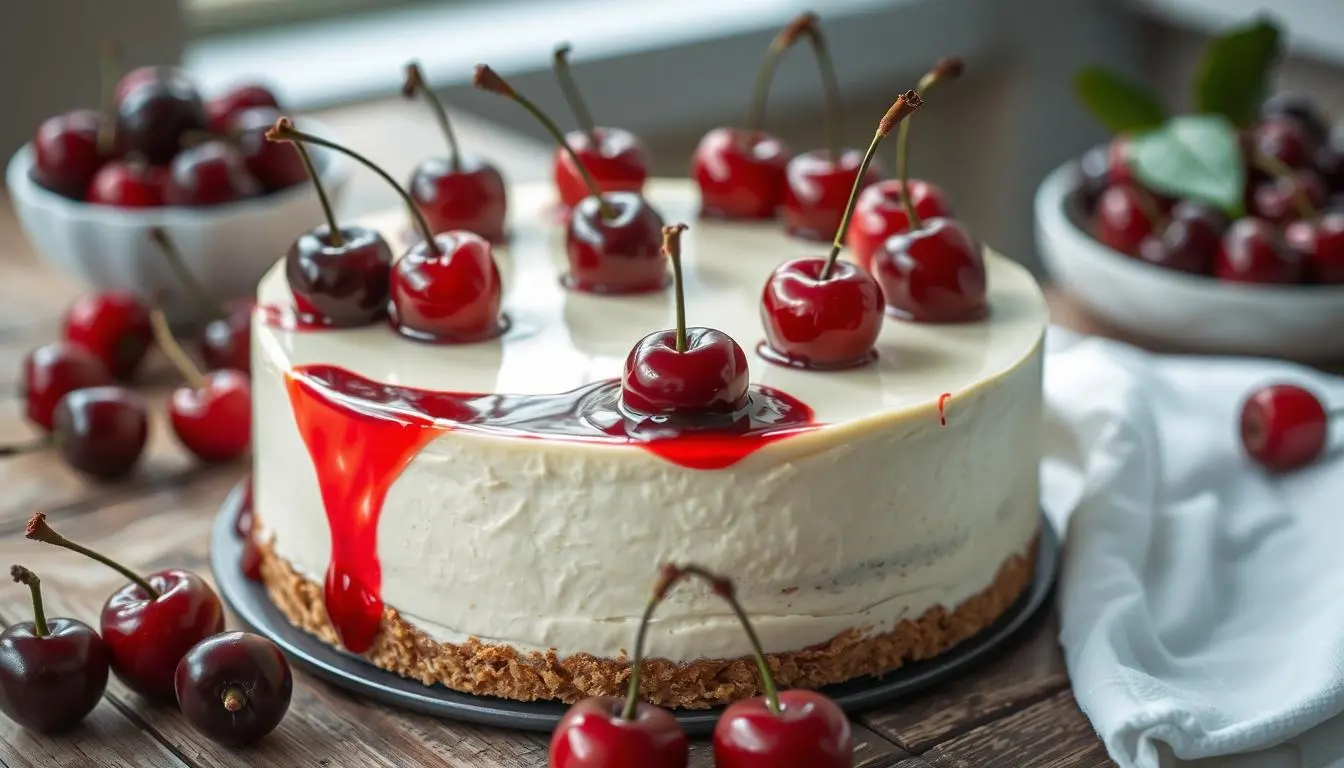 A delicious homemade cherry cheesecake topped with vibrant red cherries and a golden crust, served on a white plate.