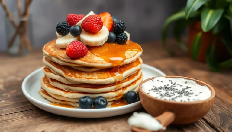 Stack of golden pancakes topped with syrup and fresh berries, made without milk.