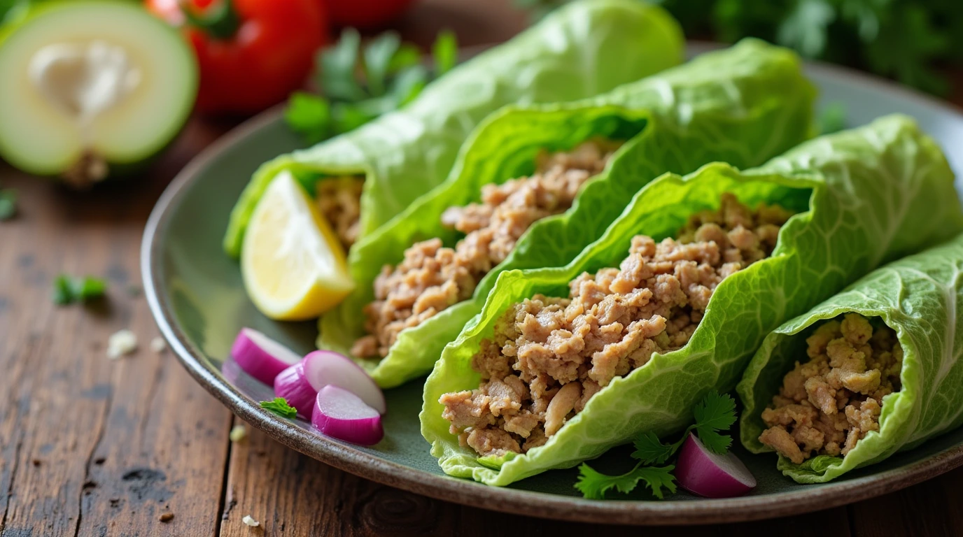 A close-up of a turkey cabbage wrap, filled with seasoned ground turkey and vegetables, neatly rolled in a vibrant green cabbage leaf with a side of yogurt dip.