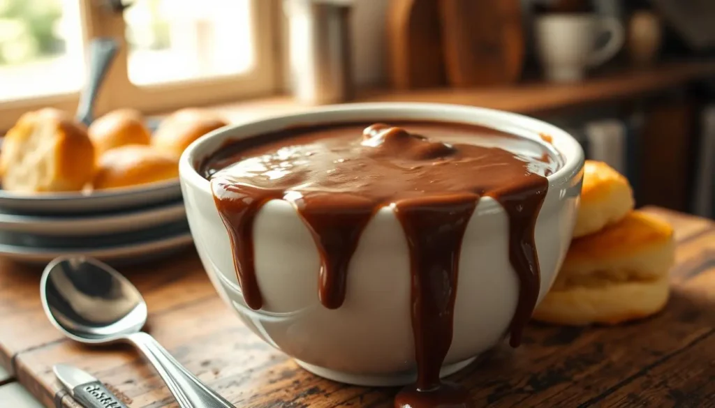 A bowl of rich chocolate gravy poured over fluffy homemade biscuits, topped with a dollop of whipped cream.