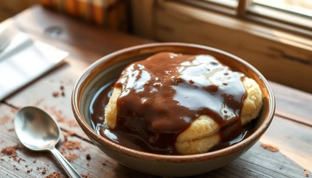 A bowl of rich chocolate gravy poured over fluffy homemade biscuits, topped with a dollop of whipped cream.