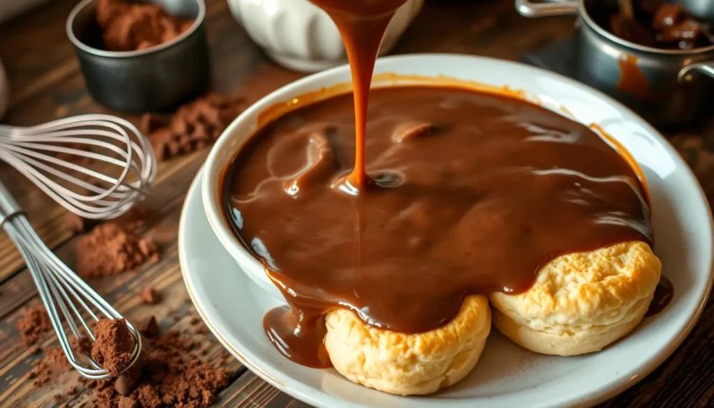 A bowl of rich chocolate gravy poured over fluffy homemade biscuits, topped with a dollop of whipped cream.