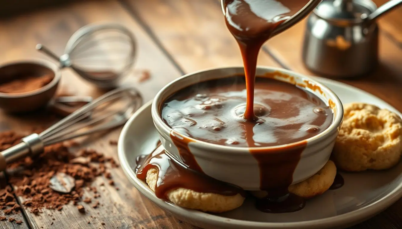 A bowl of rich chocolate gravy poured over fluffy homemade biscuits, topped with a dollop of whipped cream.