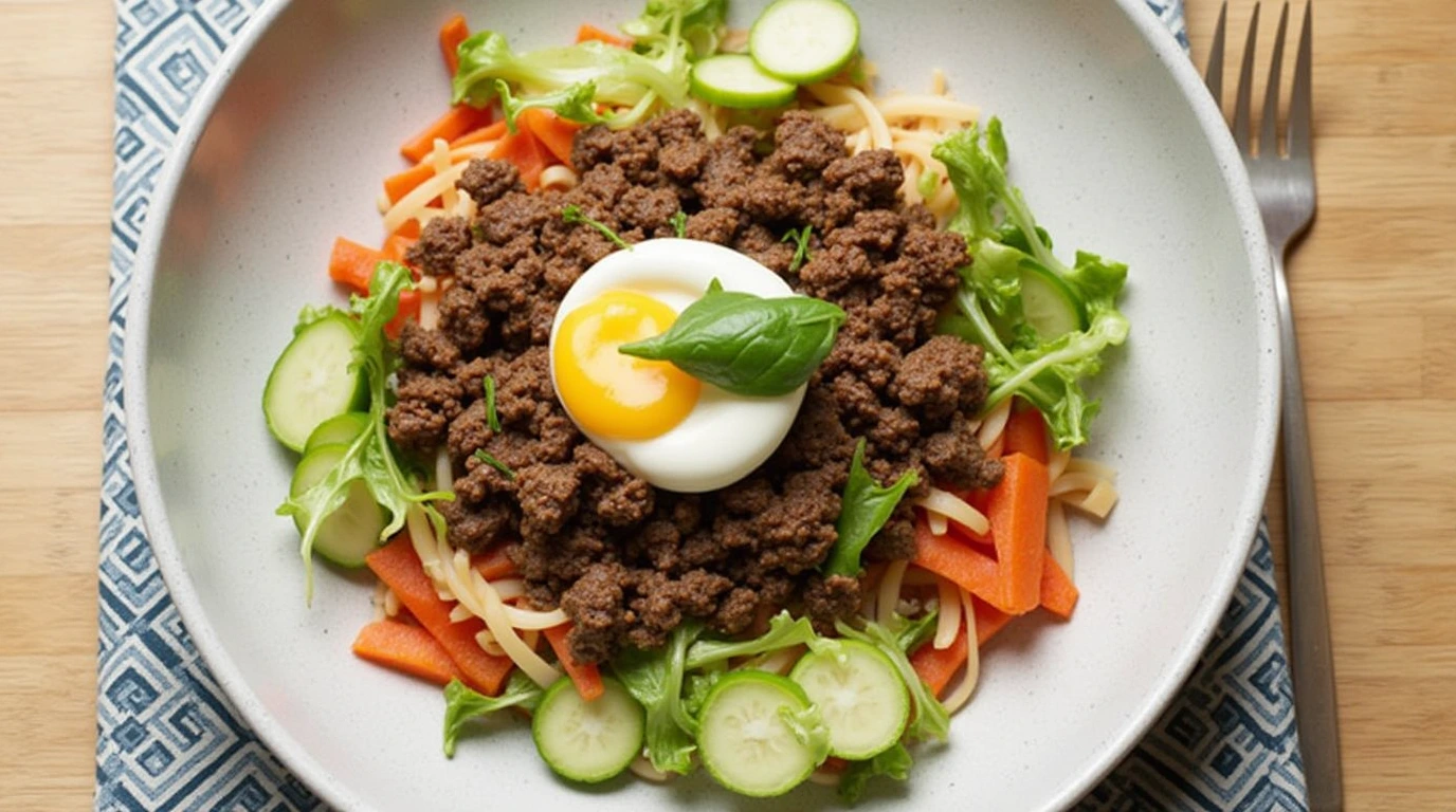 A delicious Korean Ground Beef Bowl served over white rice, garnished with sesame seeds, green onions, and a side of kimchi.