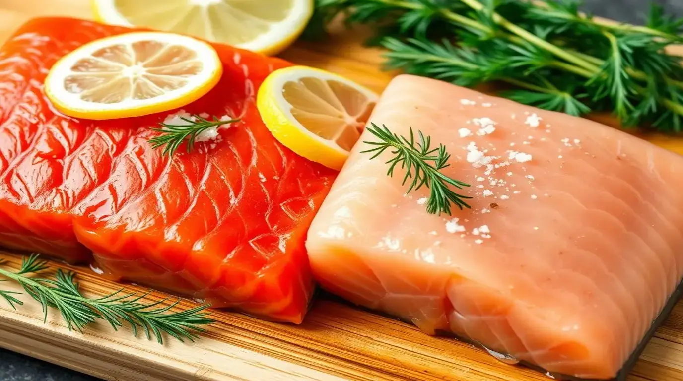 Side-by-side comparison of raw red salmon and pink salmon fillets on a wooden cutting board, garnished with lemon slices and fresh dill.