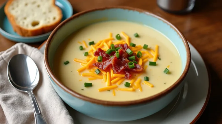 A steaming bowl of creamy potato soup topped with shredded cheese, crispy bacon bits, and fresh chives, served with a slice of crusty bread on a wooden table.