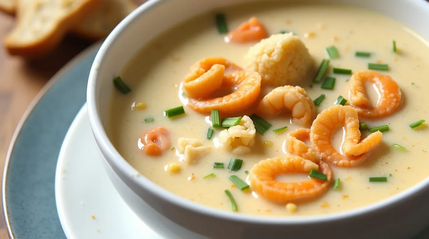 A steaming bowl of seafood chowder with shrimp, clams, and creamy broth served with crusty bread on the side.