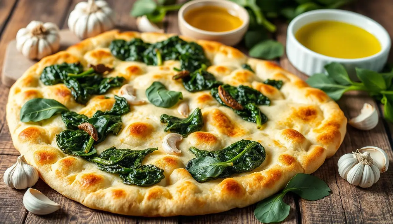 Golden-brown stuffed flatbread filled with spinach, garlic, and herbs, served on a wooden board with dipping sauces