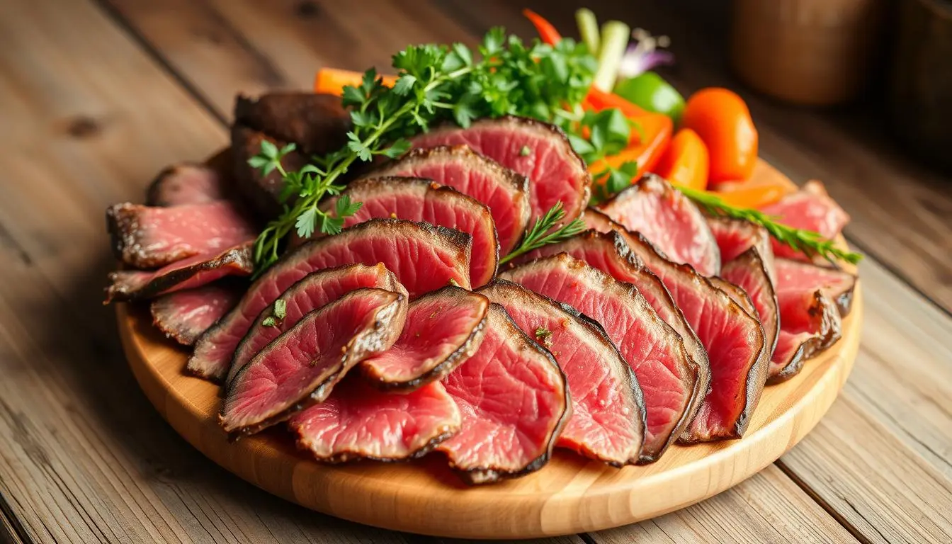 Thinly sliced beef served in a variety of dishes, showcasing versatility and rich flavor, garnished with fresh herbs and vibrant vegetables.