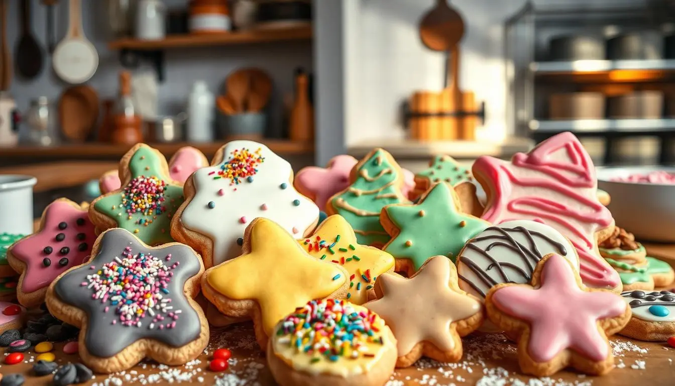 A tray of unique cookies with creative shapes, colors, and flavors, including matcha, red velvet, and caramel-drizzled varieties.